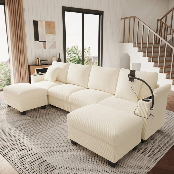 Canapé dangle en U fonction couchage canapé modulaire velours côtelé support pour téléphone portable port de recharge USB beige