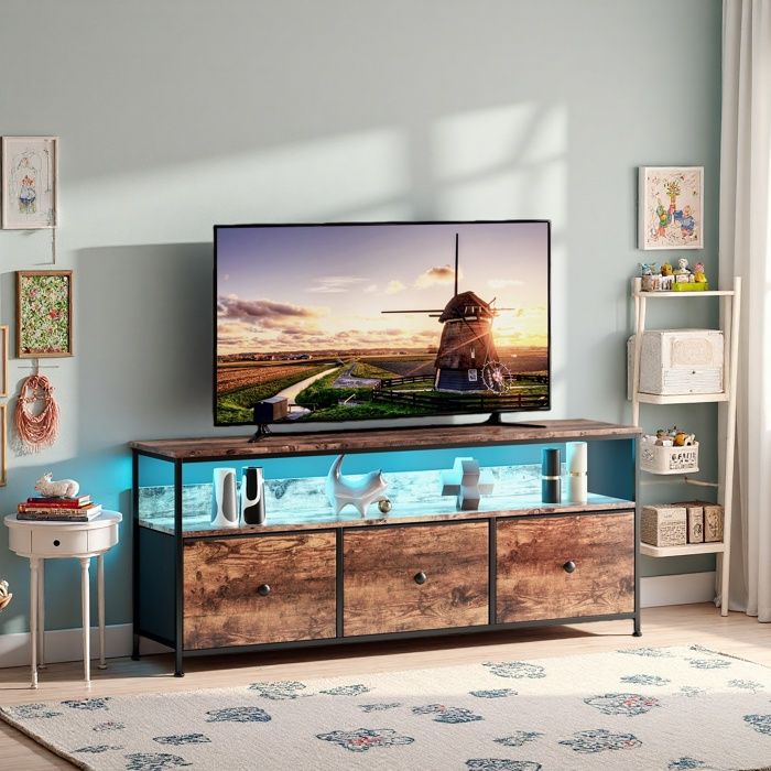 Meuble TV Rétro Armoire TV avec Réglable LED et 3 Tiroirs Banc TV Meuble Bas Table de Télévision avec Rangement Marron 137x30x57