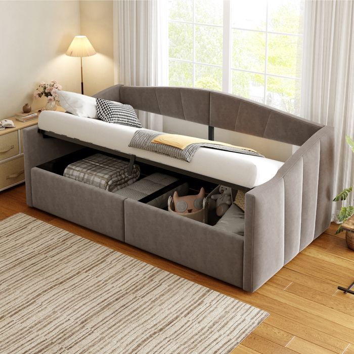 Lit Banquette 140x200 cm - Lit Coffre avec Accoudoirs design et Espace Rangement - Sans Matelas - Gris