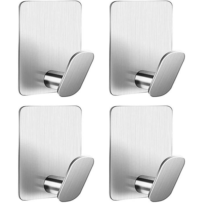 HAWUJ 4 Crochets Adhésifs Inox pour Mur/Porte - Accroche Serviette/Torchon sans Perçage (Argent)