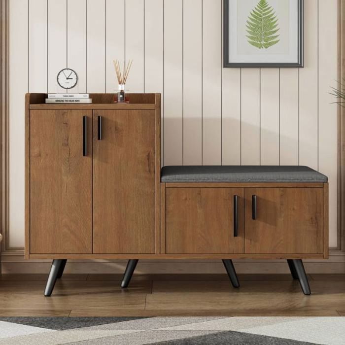 Meuble d’Entrée avec Armoire à Chaussures Banc de Rangement 4 Portes Bois Noyer 120x34x82 8cm