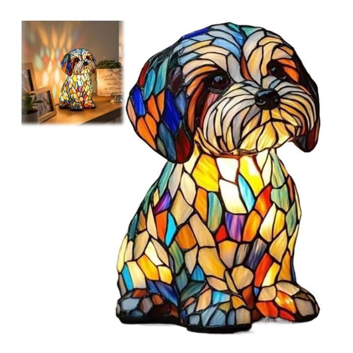 Lampe Chien Vitrail Veilleuse Chien Stained Glass Dog Lamp Décoration Intérieure Lumière LED Ambiance Chambre Bureau Mai