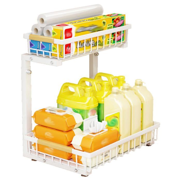 Lespace sous évier Étagère coulissante 2 niveaux en acier carbone Hauteur réglable 42-49 cm  Panier en L antidérapant Blanc