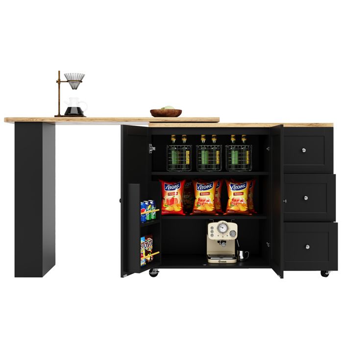 VLIVRA Meuble bar avec 3 tiroirs 2 portes plateau snack pivotant 360° sur roulettes en MDF noir pour cuisine et salon
