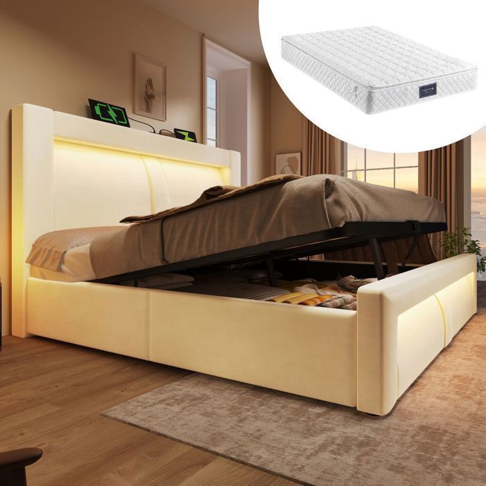 Lit coffre - SOGEU - Tête Courbée LED App & USB - Velours beige - 160x200 cm - Coffre hydraulique