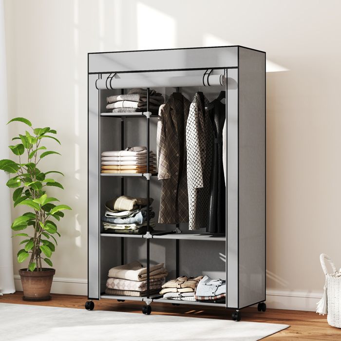 MOTHINESSTO4920-Armoire penderie en tissu meuble de rangement 6 roulettes tringle à vêtements et étagères ouvertes 103x43x162 5cm gr
