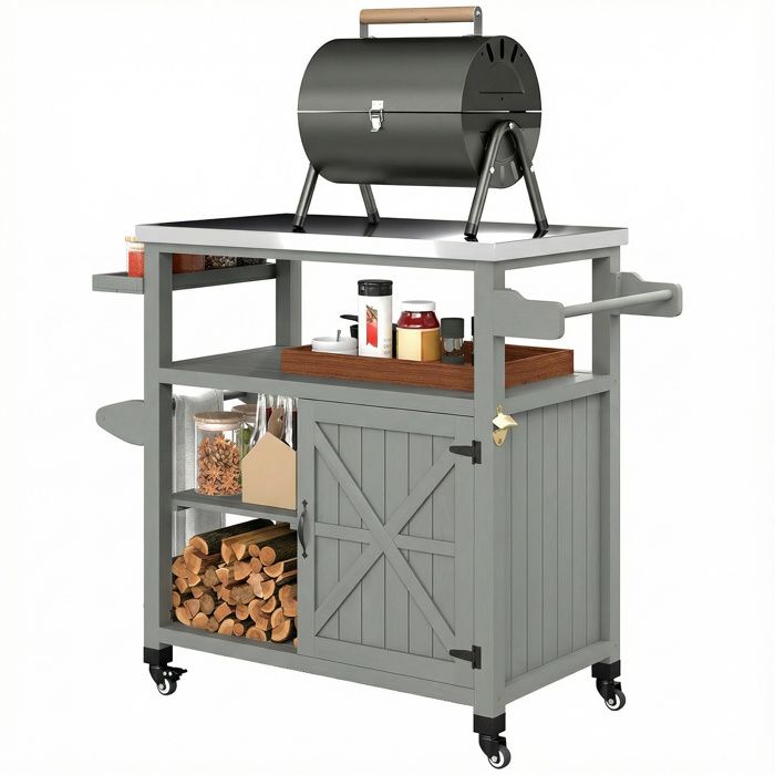 LIA Desserte jardin chariot de barbecue sur roulettes avec plateau en acier inoxydable 107x495x925cm gris