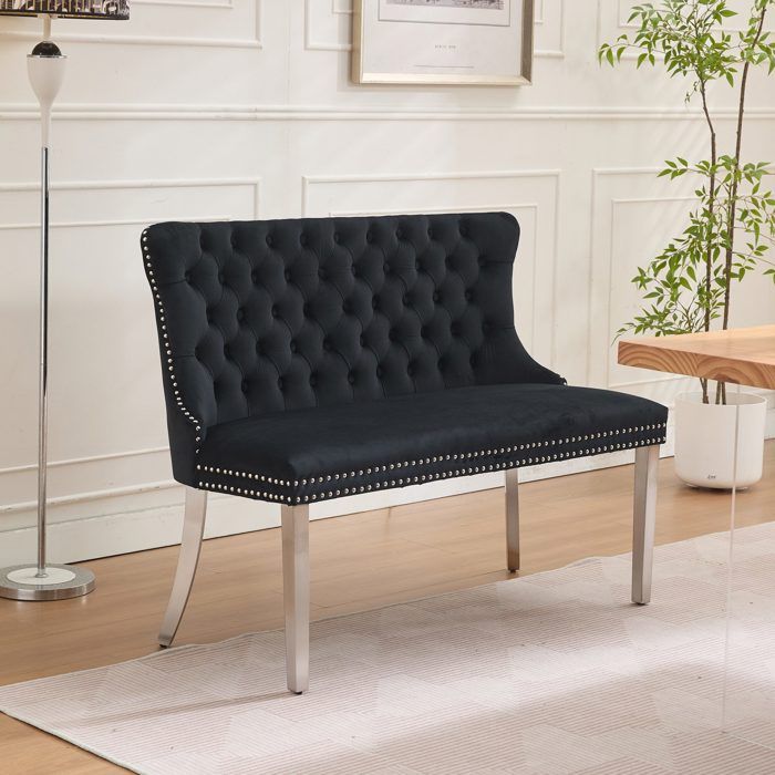 Banc de salle à manger capitonné - Velours noir - Dimensions: 58x116x89.5 cm - Poids: 13.5 kg