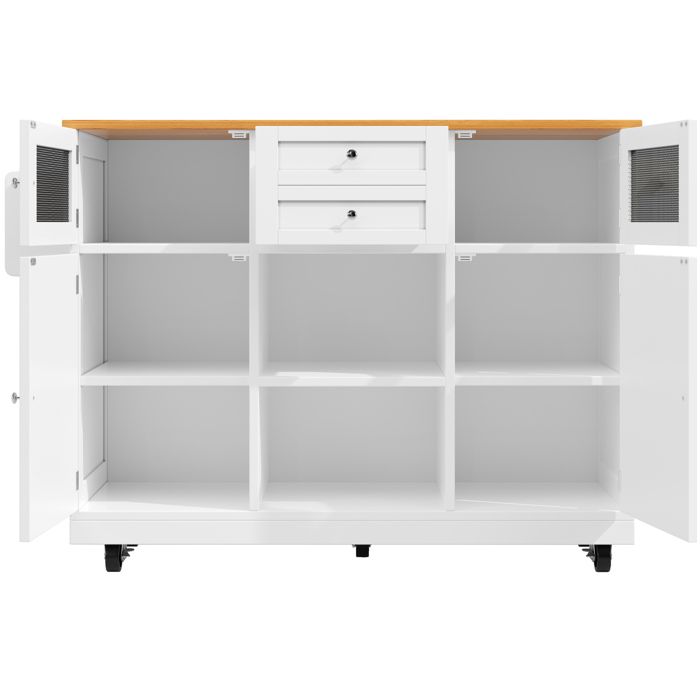 Îlot central de cuisine – Chariot de rangement blanc – plateau rabattable effet bois roulettes 140 x 40 x 935 cm