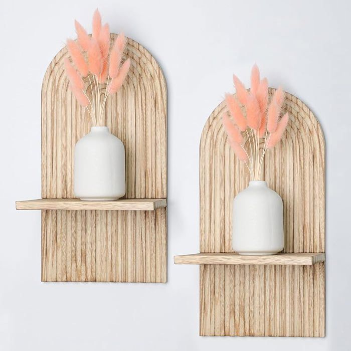 2 pcs Étagères en Bois pour la Décoration Murale Brun Clair Étagère Murale Bohème Moderne Support Mural en Bois Gris - A