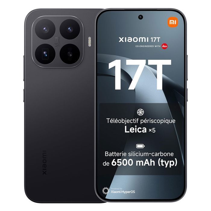 Smartphone Xiaomi 17T 5G 12Go Ram 512Go Noir Écran 6.59 AMOLED 6500 mAh Téléobjectif Leica 5x - Version globale