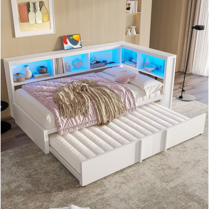 Lit gigogne enfant 90x200 cm lit simple avec rangement LED et USB MDF + Métal Blanc
