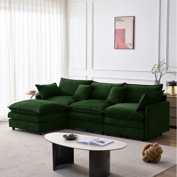 Canapé dangle modulable 3 places en chenille verte avec méridienne gauche et pouf 267 x 154 x 85 cm