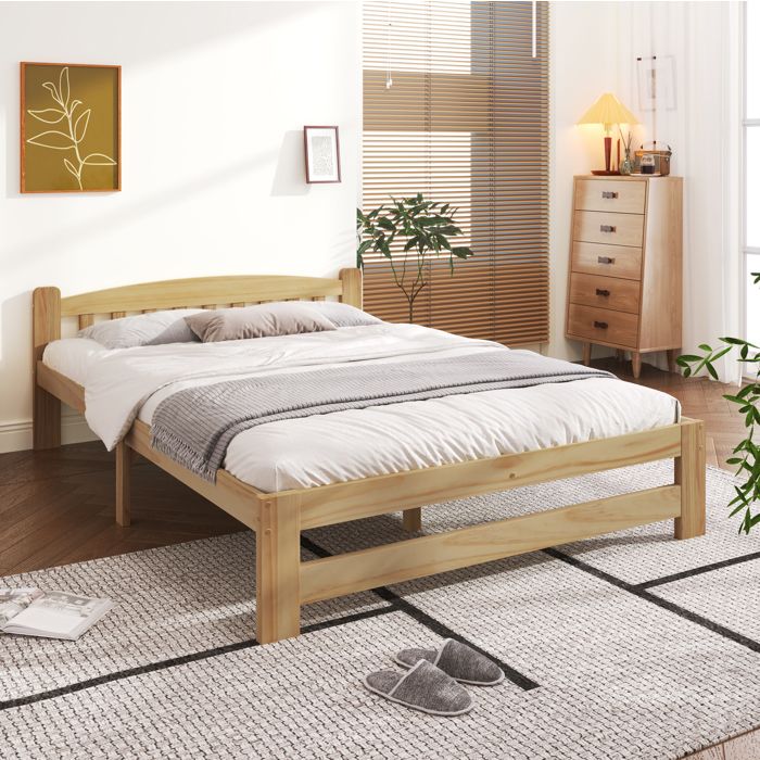 WOVREO Lit double 140x200 cm en pin massif avec tête de lit et sommier à 15 lattes coloris naturel
