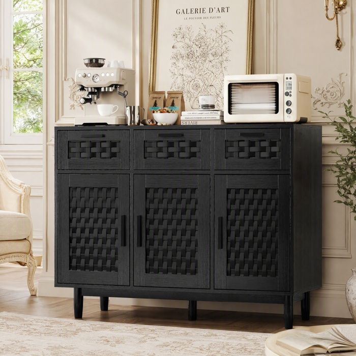 Buffet de Rangement à 3 Tiroirs et 3 Portes en Rotin Tressé Simulé Meuble de Salon Anti-Basculement pour Cuisine et Chambre