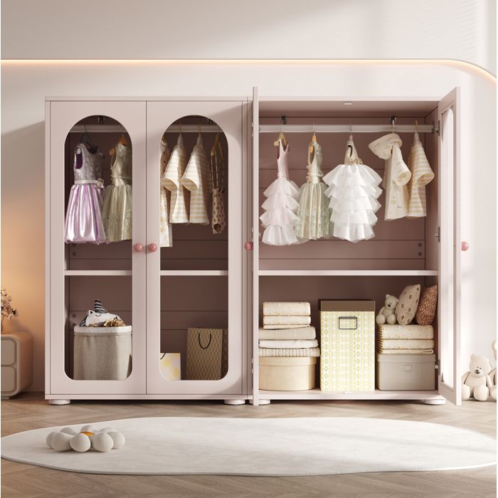 Armoire 2 portes penderie chambre enfant portes transparentes acryliques laquée rose 160 x 50 x 120 cm ORVRYN