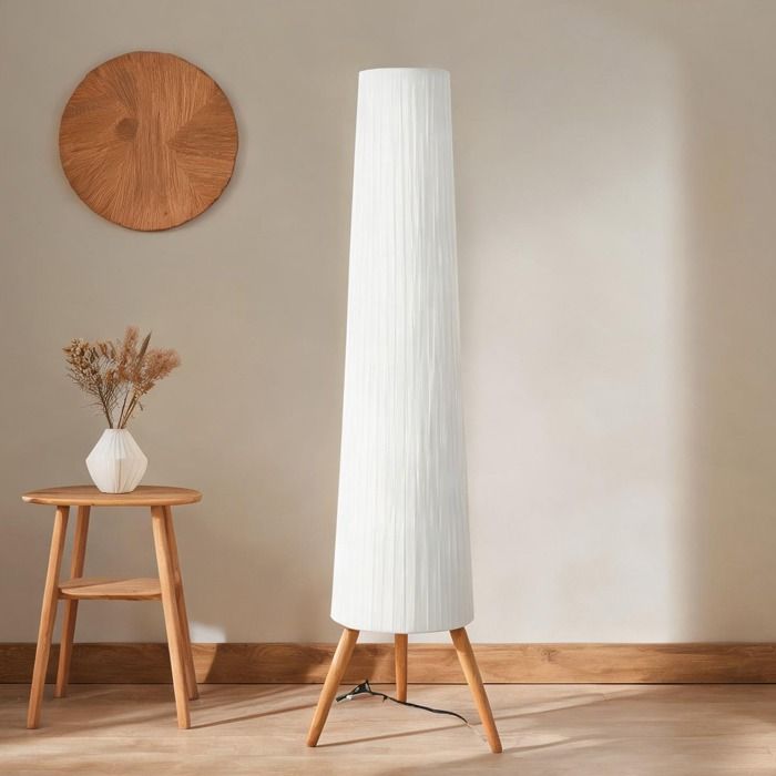 Lampe sur pied LED dimmable en bois naturel et abat-jour blanc classique trépied stable éclairage chaud 3000 K 153 cm