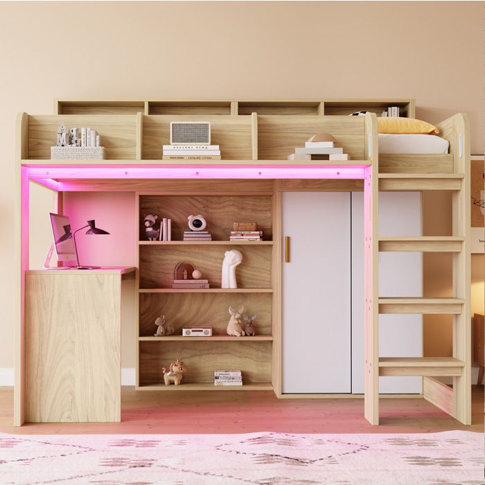 WOVREO Lit mezzanine 90 x 200 cm avec bureau armoire rangements LED prise et sommier à lattes bois naturel