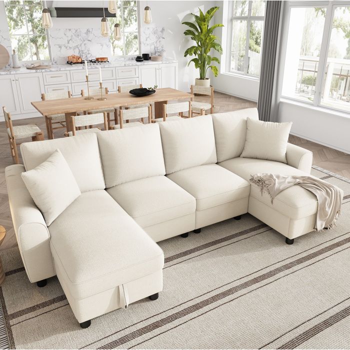 Canapé modulable en U beige 4 places en chenille avec 2 méridiennes coffre et 2 coussins 280 x 137 x 84 cm