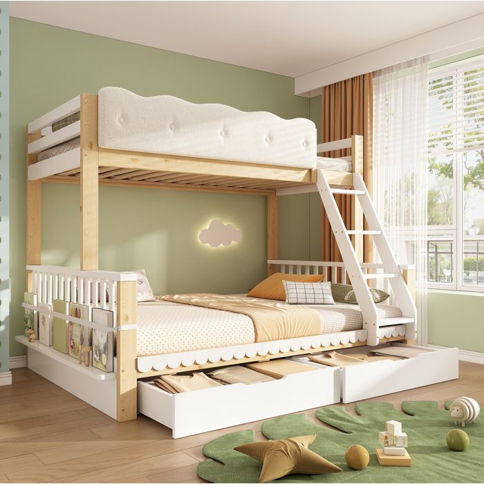 Lit superposé familial 90 x 200 / 140 x 200 cm en bois blanc et chêne avec 2 tiroirs et porte-revues