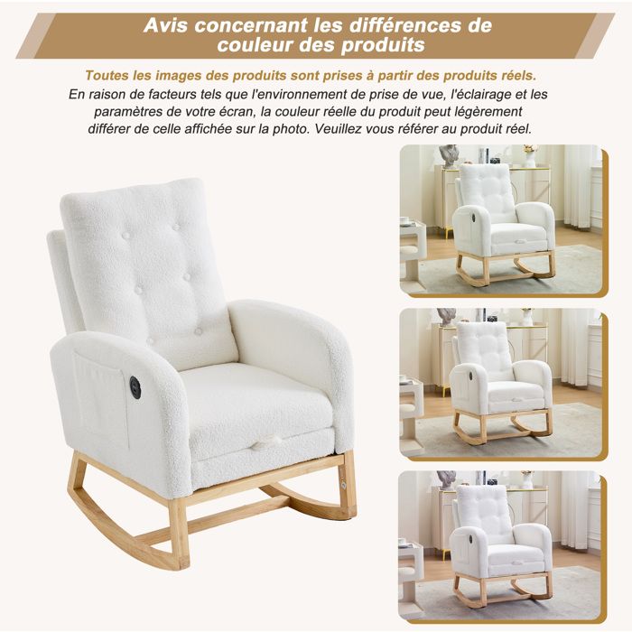 Modenuit fauteuil à bascule blanc en tissu teddy avec repose-pieds rétractable USB/USB-C et poches latérales