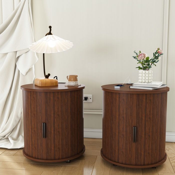 Table de chevet - 60x60x60cm - Bout de canapé cylindrique Mid-Century en MDF avec station de charge - Noyer - Brun