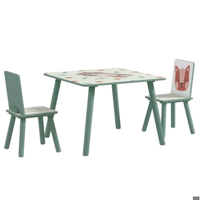 ELVORIN Ensemble table enfant avec 2 chaises 60 x 60 x 44 cm en bois motif animal vert pour enfants de 3 à 8 ans