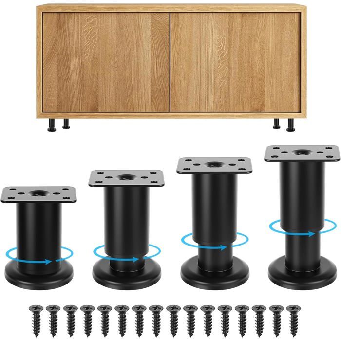 Lot De 4 Pieds De Meuble Réglables Hauteur 8-12Cm（3.15In-4.72In） Pieds Réglables En Métal Avec Vis Noires Pour Table Lit Can[IN143]
