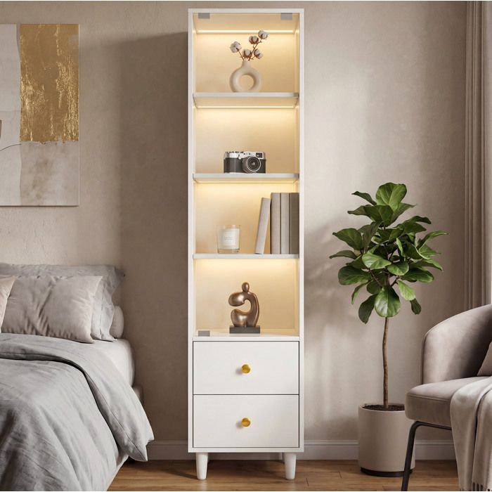 Vitrine avec LED 1 porte vitrée 2 tiroirs et 4 étagères - MEUNIQ - Moderne Blanc MDF et verre 40×35×165 cm