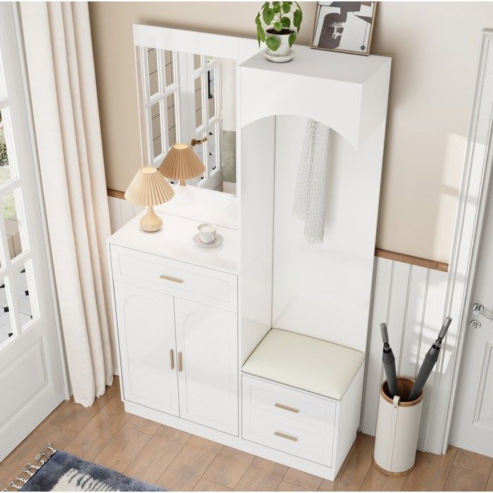 VUENOR meuble d’entrée blanc compact avec miroir vestiaire banc à chaussures et rangements