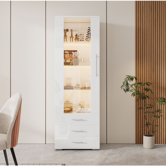 Vitrine sur pied AESVAR blanche brillante avec LED 1 porte acrylique 3 tiroirs 60 x 35 x 180 cm