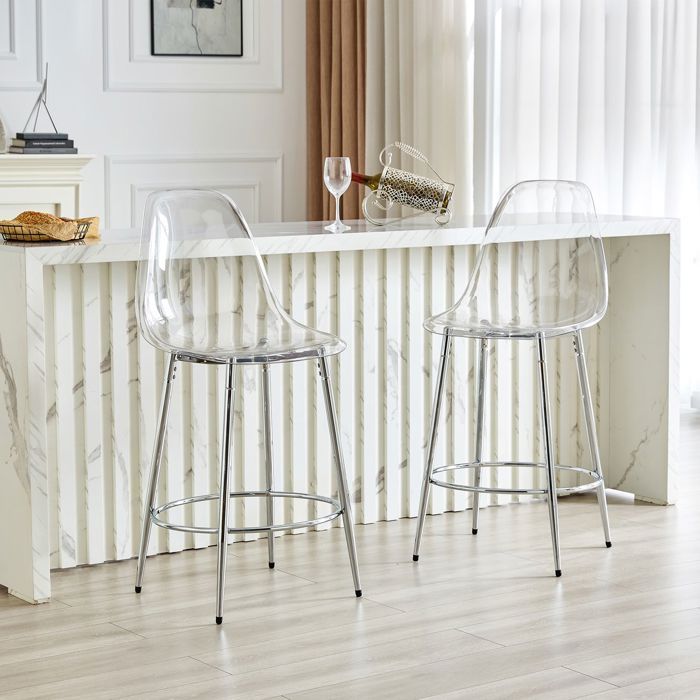 Tabouret de bar - WESTYLE - Design suspendu - Transparent - Pieds métal argenté - Lot de 2