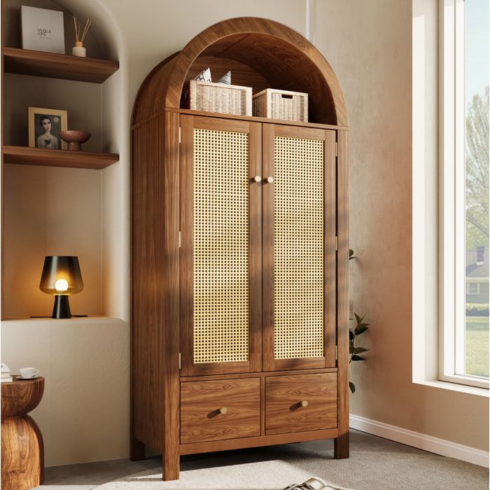 Armoire de chambre 181x78x45 cm en MDF métal cannage rotin 2 portes 2 tiroirs tringle noyer VEVXYN