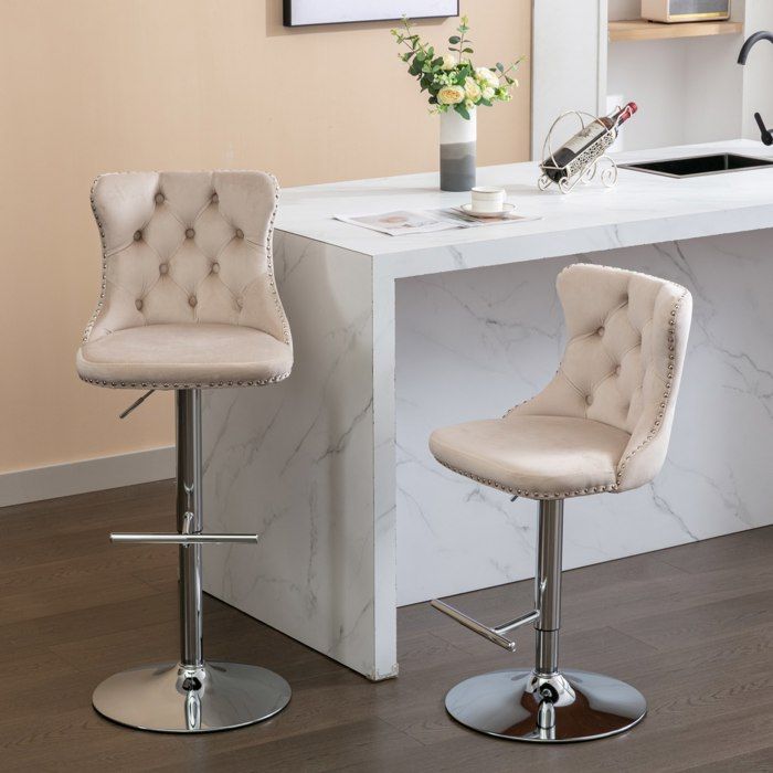 Lot de 2 Tabourets de bar pivotants hauteur réglable dossier capitonné - LPOSPI - velours métal chromé beige