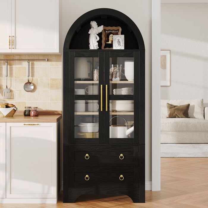 Vitrine Haute 180 cm - avec Portes Vitrées 2 Tiroirs Étagères Réglables - Armoire Vitrée Noir avec Arche Vitrine Haute 180 cm - avec Portes Vitrées 2 Tiroirs Étagères Réglables - Armoire Vitrée Noir avec Arche
