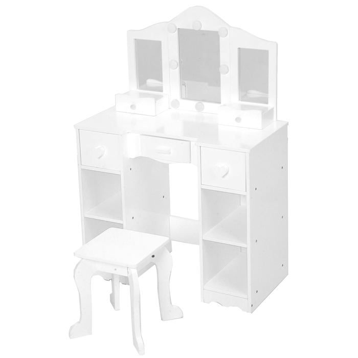 Coiffeuse enfant en bois blanc avec miroir LED détachable tabouret 5 tiroirs 4 compartiments - blanc