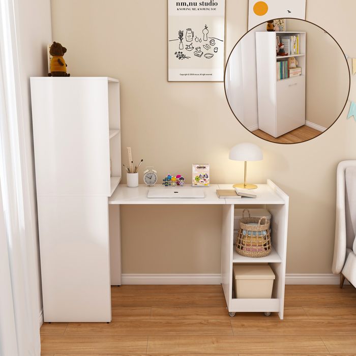 Secrétaire extensible 2-en-1 avec meuble de rangement MDF blanc étagères réglables roulettes