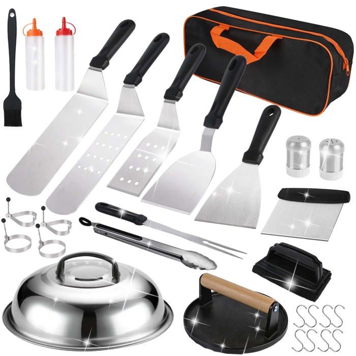 Kit D’Accessoires Plancha 29pcs En Acier Inoxydable Spatules BBQ Avec Sac De Rangement Idéal Pour Barbecue Camping Et Réunions
