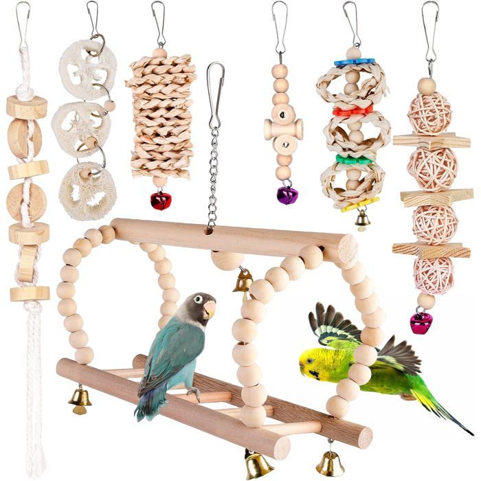 Jouet Perroquet 7 Pièces Jouet Perruche pour Oiseaux Bois Perchoir Accessoires de Cage pour Gris