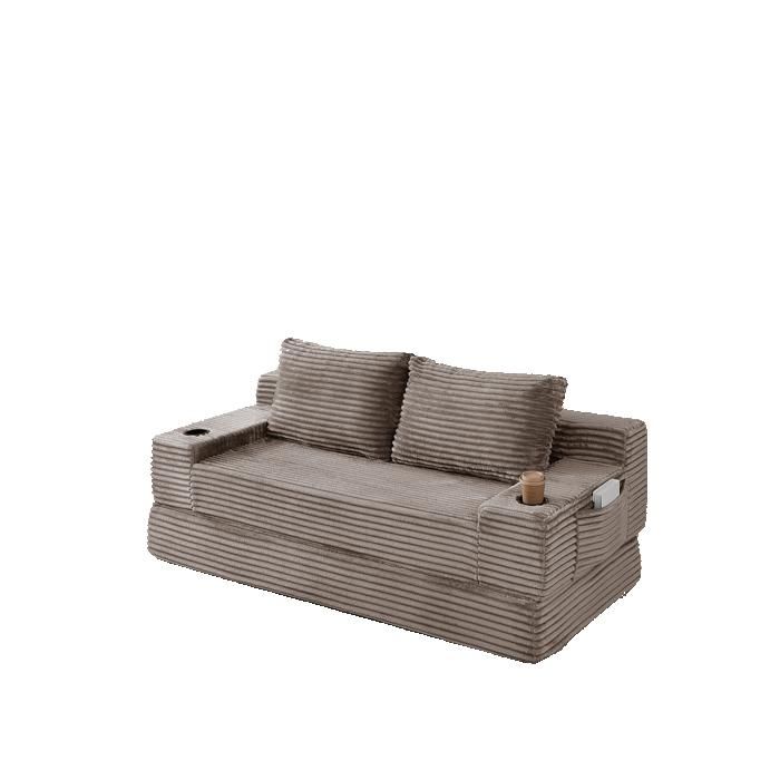 Canapé-lit convertible 2 places 180 cm en velours côtelé marron poches et porte-gobelets 2 coussins JOINERY