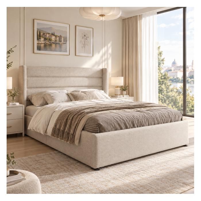 Lit coffre 160x200 cm avec sommier hydraulique relevable lit double avec rangement lit rembourrée cadre de lit en lin beige