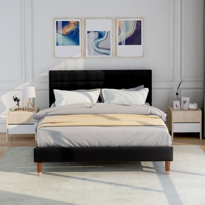 lit capitonné contemporain 140x200cm avec sommier à lattes - tête de lit tapissée - aapaas -noir