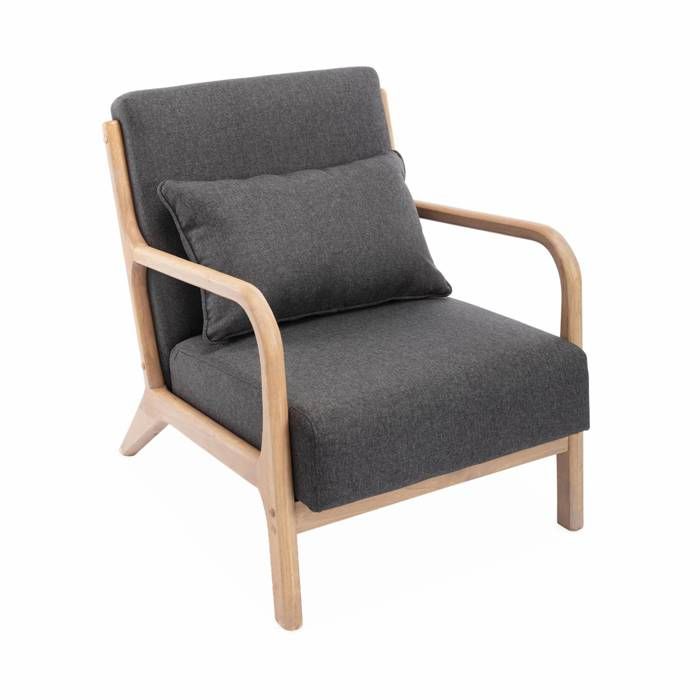 Fauteuil design en bois et tissu. 1 place droit fixe. pieds compas scandinave. structure en bois solide. assise confortable. gris