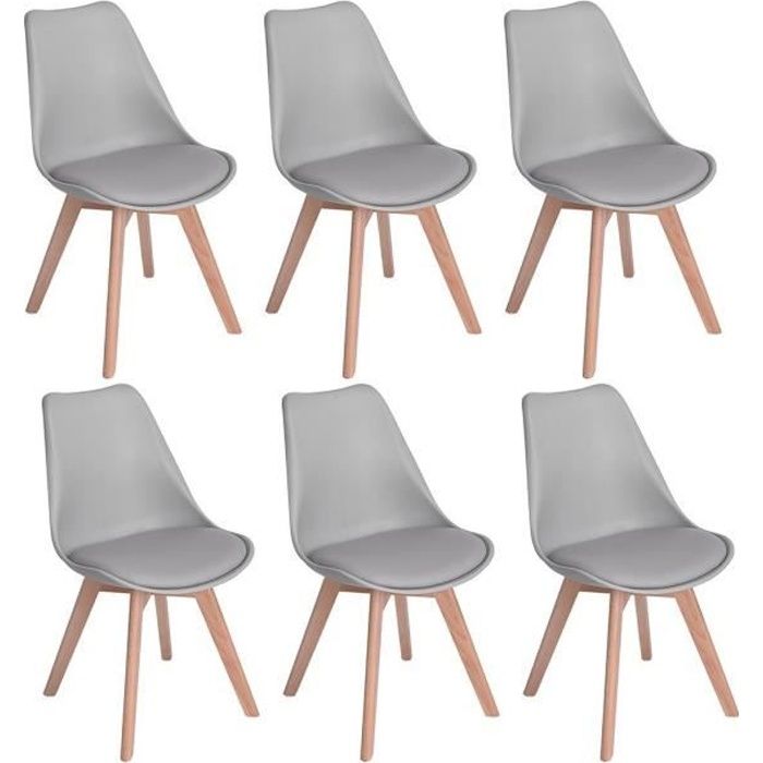 Lot de 6 Chaises design contemporain nordique scandinave - pieds en bois de  hêtre massif - Blanc