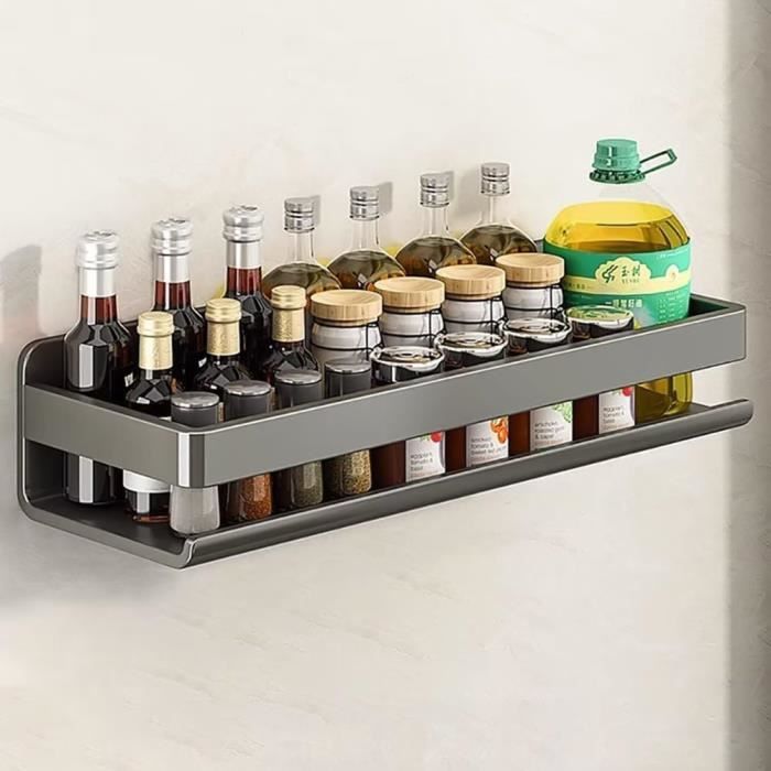 Étagère Épices Murale Ventouse 40 Cm – Sans Perçage, Aluminium Gris – Rangement Cuisine Salle De Bain Avec Barre Serviettes