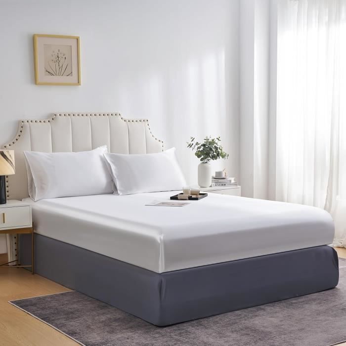 Parure De Lit Microfibre Queen - Drap Housse Profond 40cm Gris Argenté Elegant Comfort