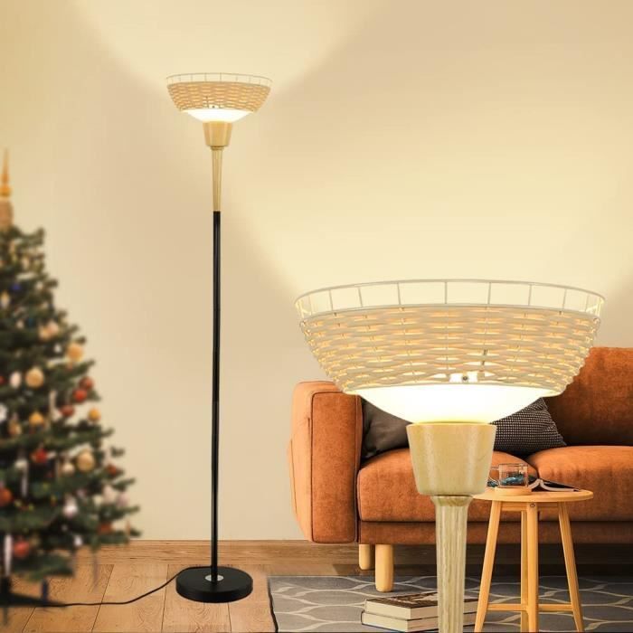 LED Lampadaire Chambre Design Moderne en Rotin&Verre, Lampe sur