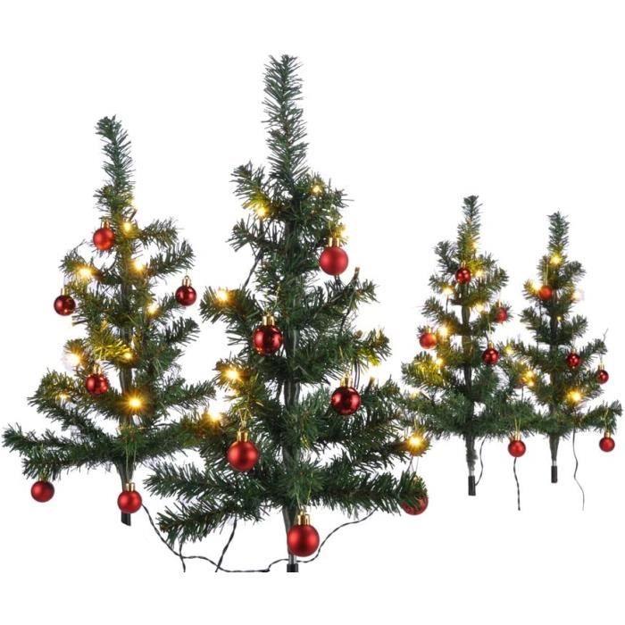 Lot de 4 mini sapins de Noël lumineux avec 40 LED blanc chaud décoré avec 24 boules de Noël