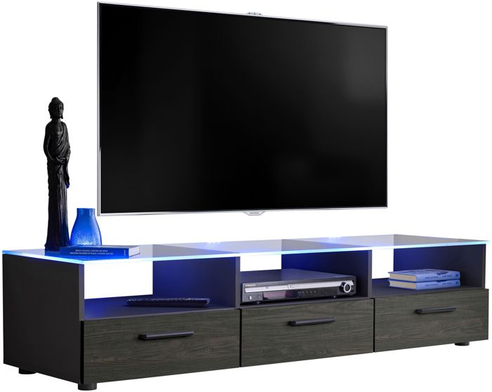 meuble tv t35 - led bleues - carbone mat & noir - façades en bois mat - l150cm x h34.5cm x p45cm