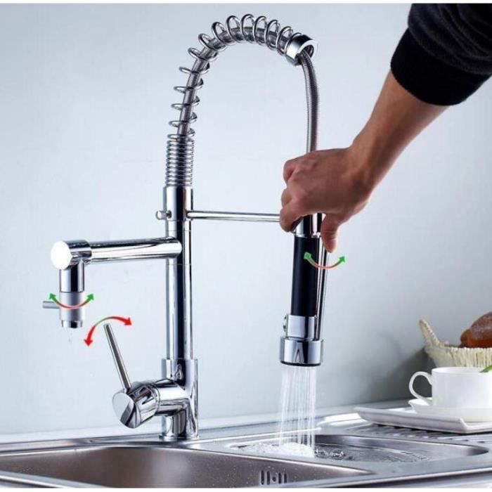 Robinet de Cuisine TEENO® Mitigeur d'Évier Douchette Étirable Robinet Rotatif Deux Sorties Design Contemporain